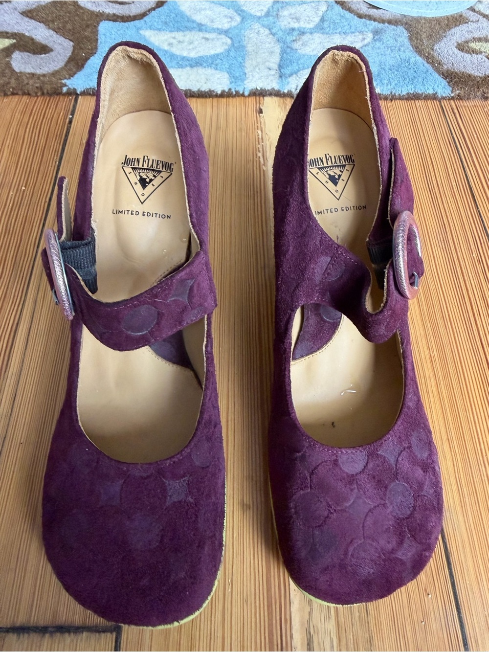 John Fluevog Plum Purple Suede Mary Jane Heels